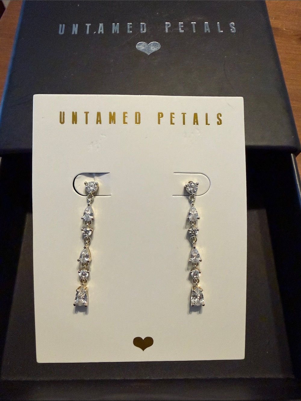 UNTAMED PETALS Gold and Clear Linear Crystal Drop Earrings Never worn